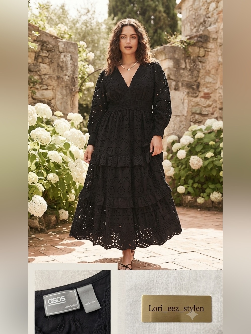 ASOS Black Eyelet Tiered Maxi Dress with V-Neck 100% with liner paid $375 plus